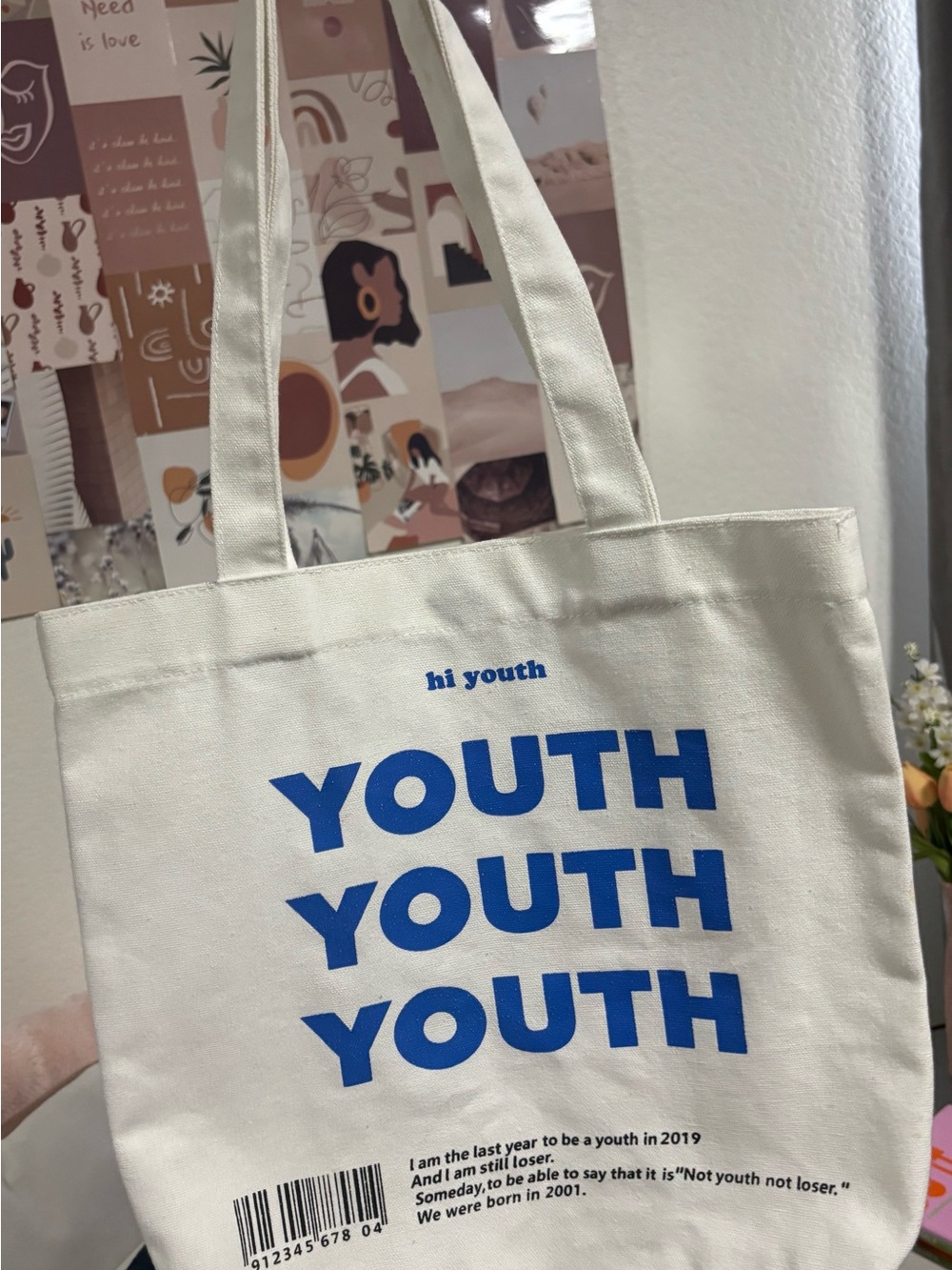 Cream Canvas Tote Bag with Blue Print